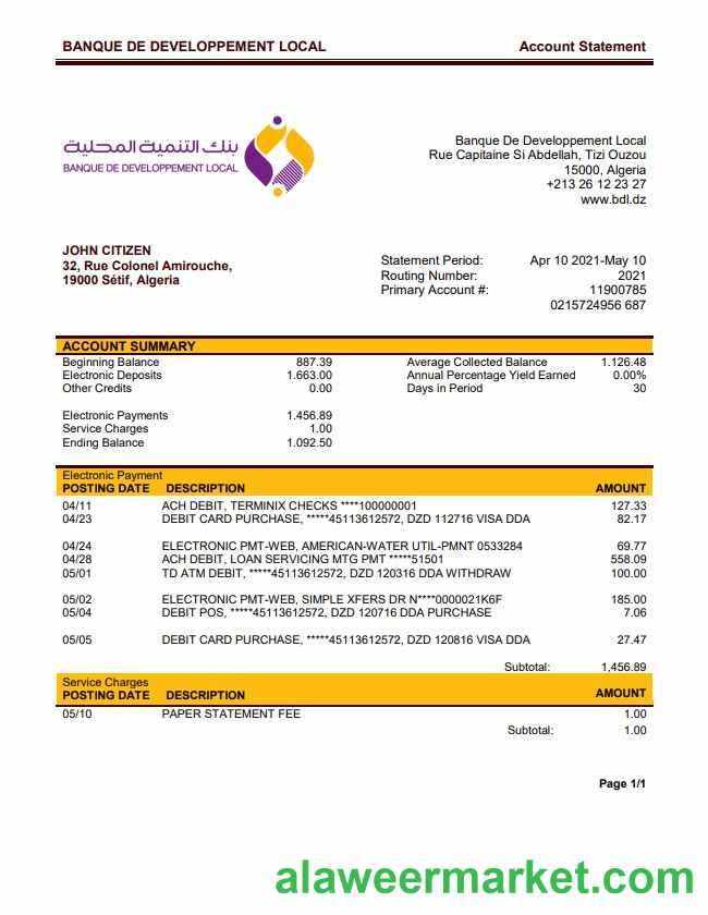 Algeria Banque De Developpement Local Bank Statement